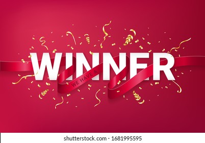 Winner celebrating banner with text, red ribbon and sparkles golden confetti and serpentine on red background. Realistic 3d style. Vector illustration.