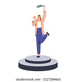 Winner celebrating victory, standing on pedestal with award. Best in championship, leader on podium. Happy woman with medal and flowers. Flat vector illustration isolated on white background