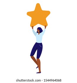 Winner celebrating victory. Woman showing gold star flat vector illustration. Leadership, award, success concept for banner, website design or landing web page