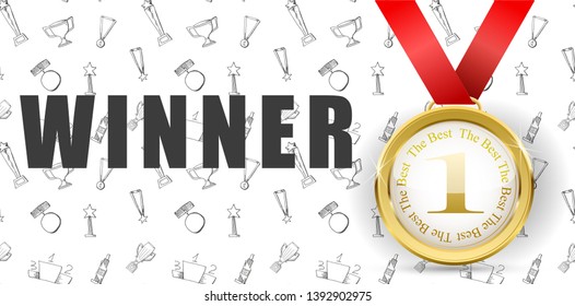 winner ceremony brochure. Doodle pattern and realistic medals.
