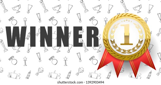 winner ceremony brochure. Doodle pattern and realistic medals.