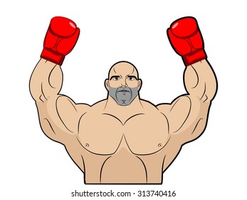 Winner, champion of boxing. Strong man on white background. Bodybuilder in bkserskih gloves. Sports athlete raised his hands up. Vector illustration of guy
