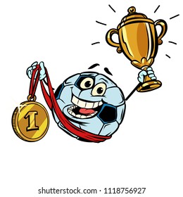 Winner champion Cup first place gold medal. Character soccer ball football. isolate on white background. Comic cartoon pop art retro illustration vector drawing