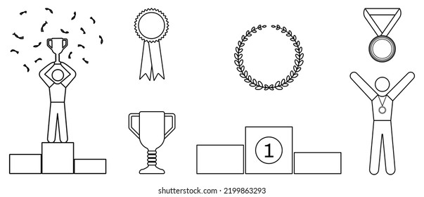 Juego de iconos de campeón ganador. Humano en podio, trofeo, medalla, laurel, insignia de premio. Ilustración vectorial de estilo de contorno
