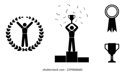 Winner champion Icon set. Human with laurel wreath, trophy and medal symbol. vector illustration