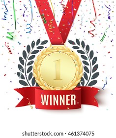 Winner, champion, number one background with red ribbon, gold medal, olive branch  and confetti on white. Blank poster or brochure template. Vector illustration.