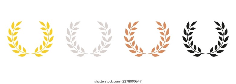 Chapleta Ganadora, Laurel Wreath Silhouette Icon Set. Pictograma de glifo con premio de oro, plata, bronce y hoja negra. La Oliva Vintage Deja Emblem. Símbolo de éxito de bifurcación de árbol circular. Ilustración de vectores aislados.