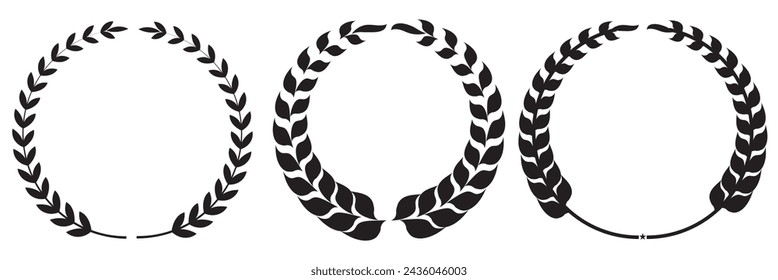Winner Chaplet, Laurel Wreath Silhouette Icon Set. Gold, Silver, Bronze, Black Leaf Award Glyph Pictogram. Vintage Olive Leaves Emblem. Circle Tree Branch Success Symbol. Isolated on white background.
