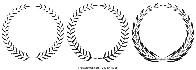 Winner Chaplet, Laurel Wreath Silhouette Icon Set. Gold, Silver, Bronze, Black Leaf Award Glyph Pictogram. Vintage Olive Leaves Emblem. Circle Tree Branch Success Symbol. Isolated on white background.