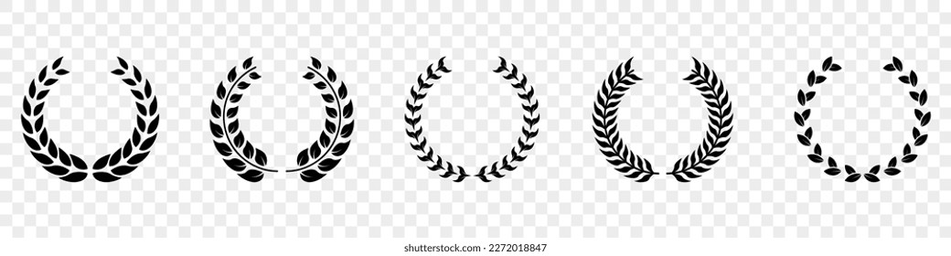 Winner Chaplet. Leaf Award, Trophy Glyph Pictogram. Laurel Wreath Silhouette Black Icon Set. Vintage Circle Olive Leaves, Achievement Emblem. Tree Branch Success Symbol. Isolated Vector Illustration.