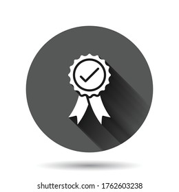 Winner with check mark icon in flat style. Rosette award vector illustration on black round background with long shadow effect. Medal circle button business concept.