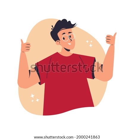 Winner, cheerful mood and thumbs up concept. Young smiling man  cartoon character showing thumbs up, positive gesture and emotions, Ok sign, victory fingers with hand vector isolated illustration.