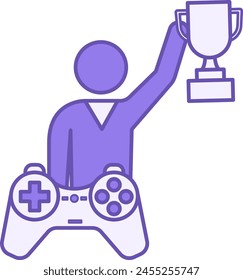 Gewinnerfarbenes Symbol. Vektorgrafik-Symbol. Gamer hält Siegerpokal und Spielkonsole. Sieg im Wettbewerb. Konzept der Spielemusik