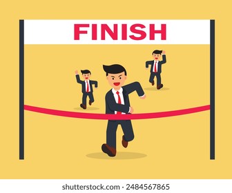 Winner competition, business leader. Winning businessman crossing finish line