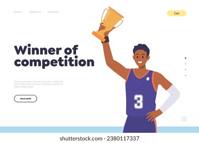Winner of competition headline for landing page template with happy basketball player champion