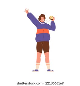 Winner of competition or rivalry with his gold medal award, flat cartoon vector illustration isolated on white background. Cheerful sportsman showing medal prize.