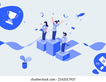 The Winner Of The Competition Is Waiting For The Prize On The Stage,contest Winner Results Flat Illustration Isometric Vector Design ,1st Place Winner Is Happy While Raising His Hand