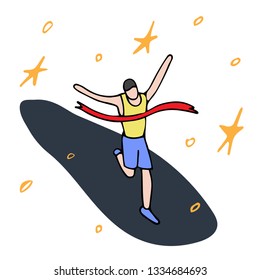 The winner of the competition, who arrived first at the finish. Scandinavian drawing style. Flat view. Athletes competition