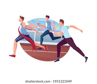 Winner composition with race track scenery and running athletes with red ribbon vector illustration