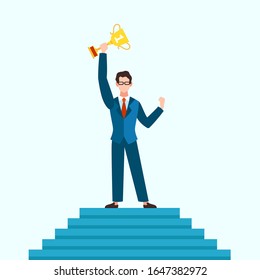 Winner concept. Businessman on podium with prize of best result, entrepreneur with trophy cup. Success business, career growth and happy finish of competition vector background