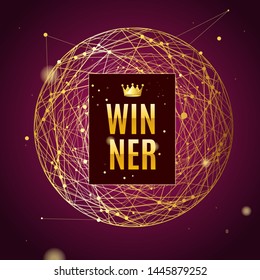 Winner Concept Card Poster Background on a Red with Abstract Shiny Golden Ball Luxury Style. Vector illustration