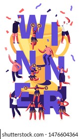 Winner Concept with Cheerleaders Team Making Pyramid on Sports Competition and Cheerful People around Golden Cup and Confetti. Sport Poster Banner Flyer Brochure. Cartoon Flat Vector Illustration