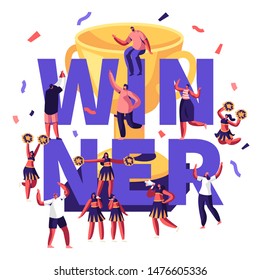 Winner Concept with Cheerleaders Team Making Pyramid on Sports Competition and Cheerful People around Golden Cup and Confetti. Sport Poster Banner Flyer Brochure. Cartoon Flat Vector Illustration