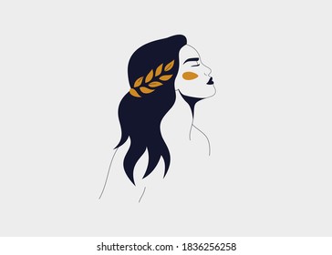 Winner concept with confident woman with a laurel wreath on her head. Believe in yourself concept with strong females portrait side view. Vector illustration