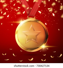 Winner concept. First place of competition. Gold medal and confetti. Vector illustration
