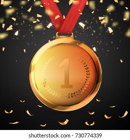 Winner concept. First place of competition. Gold medal and confetti. Vector illustration