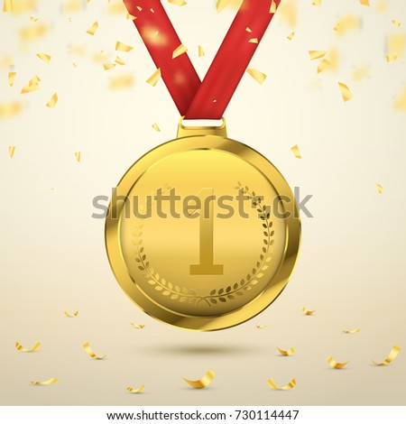 Winner concept. First place of competition. Gold medal and confetti. Vector background