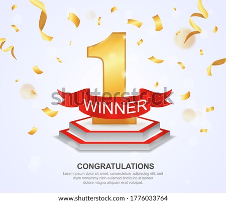 Winner concept with gold number 1 championship trophy with red banner and text on white with floating gold ribbons and Congratulations text below, colored vector illustration