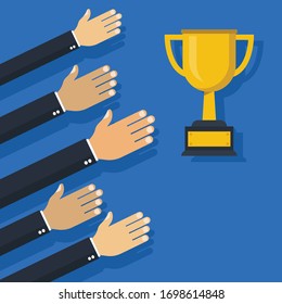 Gewinner-Konzept - Hände, die ausgehen, um den Gewinner-Cup zu gewinnen.Konzeptionelle Vektorgrafik in flachem Design.Einzeln auf dem Hintergrund.