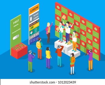 Winner Concept Isometric View Champion on Pedestal Competition Game Sport Concept on a Blue Background. Vector illustration