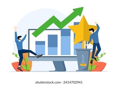 Winner concept with prize. Characters celebrate first place wins with gold trophies, medals, and other winning trophies. Business goals, achievements and success. Vector illustration.