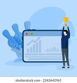 Winner concept with prize illustration. Characters celebrate first place wins with gold trophies, medals and other winning trophies. Business goals, achievement and success concept. Vector illustratio
