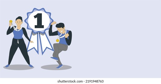 Winner concept: Silhouette champion hand holding gold medal reward and dancing. People standing on rank first places, jumps in the air. vector illustration.