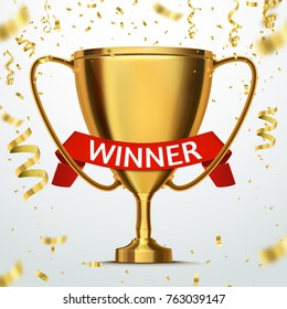 Winner concept. Trophy cup with golden confetti and red ribbon. Vector background. 