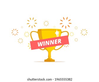 Winner concept. Trophy cup illustration. Vector illustration with gold prize and festive sparks.