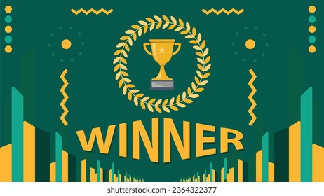 Winner concept vector banner design with geometric shape pattern, green background, trophy icon and typography. Winner announcement graphic modern minimal poster illustration.