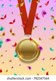 Winner concept vector - gold medal on red ribbon and colorful confetti. Vector illustration