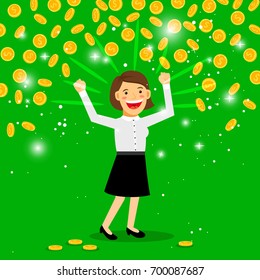 Winner concept vector illustration. Money rain and happy lady on green background