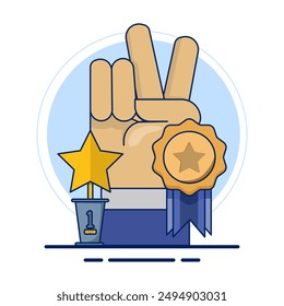 concepto de ganador, símbolo de la expresión de la victoria gesto de la mano de la victoria, motivación, metáfora del éxito en los negocios, liderazgo, logro de objetivos, Ilustración vectorial plana en el fondo.