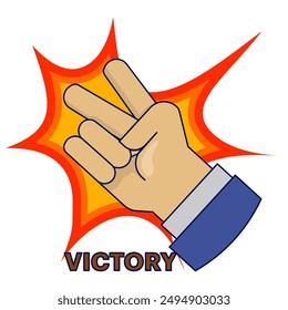 Siegerkonzept, Siegesausdruck Symbol Siegeshandgeste, Motivation, Erfolgsmetapher im Business, Führung, Zielerreichung, flache Vektorillustration im Hintergrund.