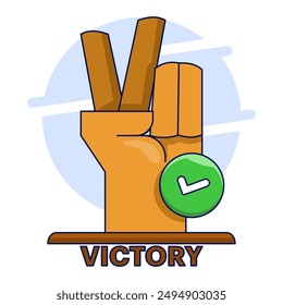 Siegerkonzept, Siegesausdruck Symbol Siegeshandgeste, Motivation, Erfolgsmetapher im Business, Führung, Zielerreichung, flache Vektorillustration im Hintergrund.