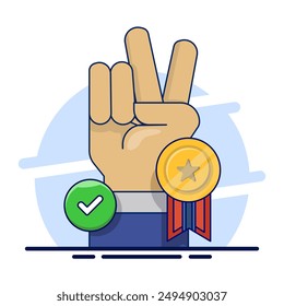 Siegerkonzept, Siegesausdruck Symbol Siegeshandgeste, Motivation, Erfolgsmetapher im Business, Führung, Zielerreichung, flache Vektorillustration im Hintergrund.