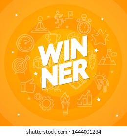 Winner Concept with White Thin Line Icon Set Include of Star, Trophy, Mountain, Target and Bulb. Vector illustration