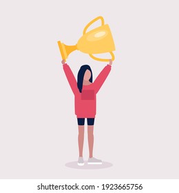 Winner concept. Young woman with a golden champion cup. Colored vector illustration in flat cartoon style