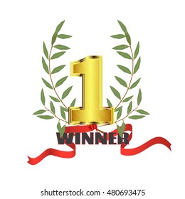 Winner concept.Gold number one with red ribbon and olive branch isolated.Vector illustration.