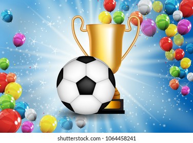 Winner Congratulations Background with Golden Cup and Football Ball. Vector Illustration. EPS10
